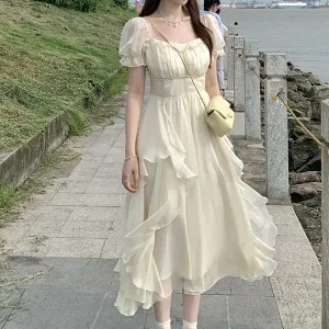 Women's Summer Dress Chiffon Fairy Chic Party Y2K Midi Dress Elegant Slim Irregular Dress