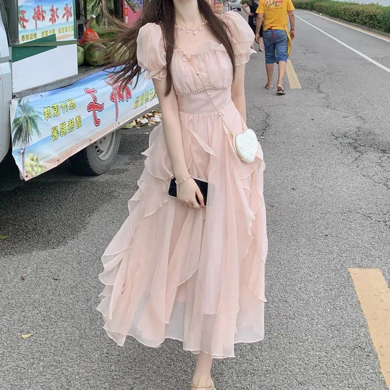 Women's Summer Dress Chiffon Fairy Chic Party Y2K Midi Dress Elegant Slim Irregular Dress