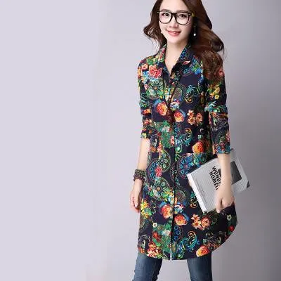 Womens Tops Fashion Vintage Loose Floral Print Long Women Blouses Shirts Long Sleeve Shirt Women