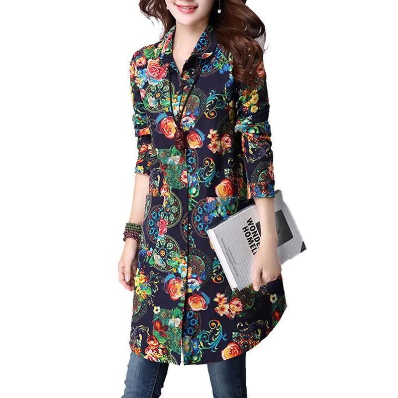 Womens Tops Fashion Vintage Loose Floral Print Long Women Blouses Shirts Long Sleeve Shirt Women