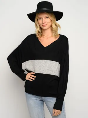 WOMEN'S V-NECK COLOR BLOCK LONG SLEEVE TOP