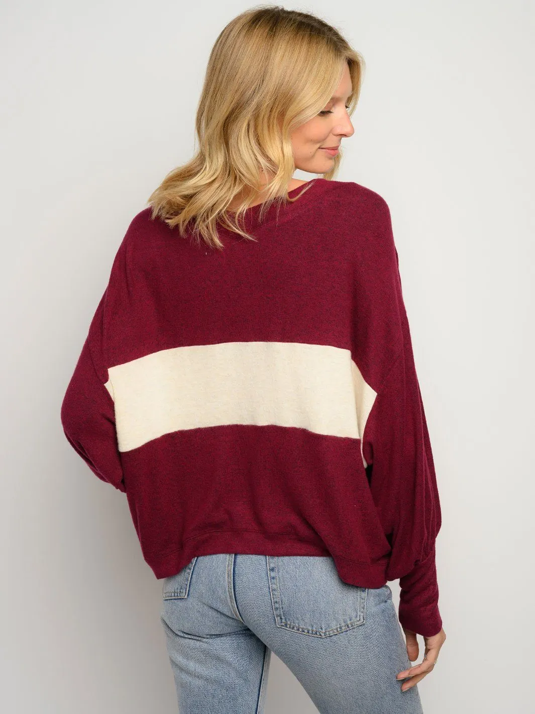 WOMEN'S V-NECK COLOR BLOCK LONG SLEEVE TOP