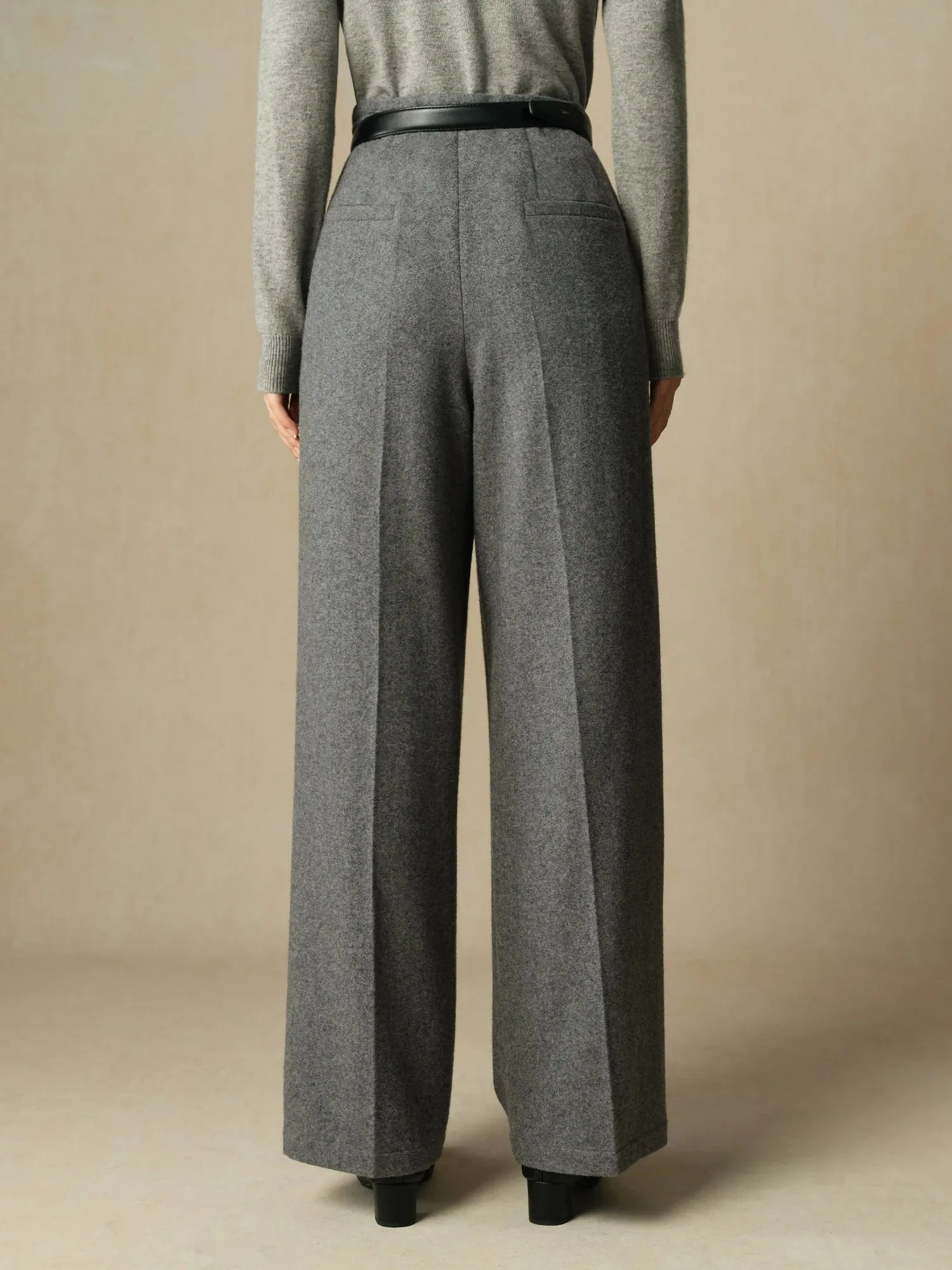 Women's Wool Blended Pants - High-Waisted Straight Full-Length Office Style with Pleated Design