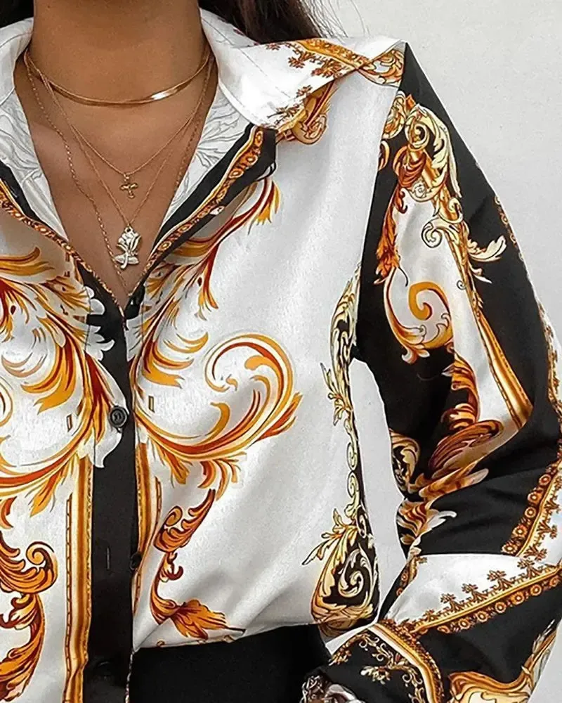 Xieyinshe - Baroque Print Long Sleeve Button Down Shirt
