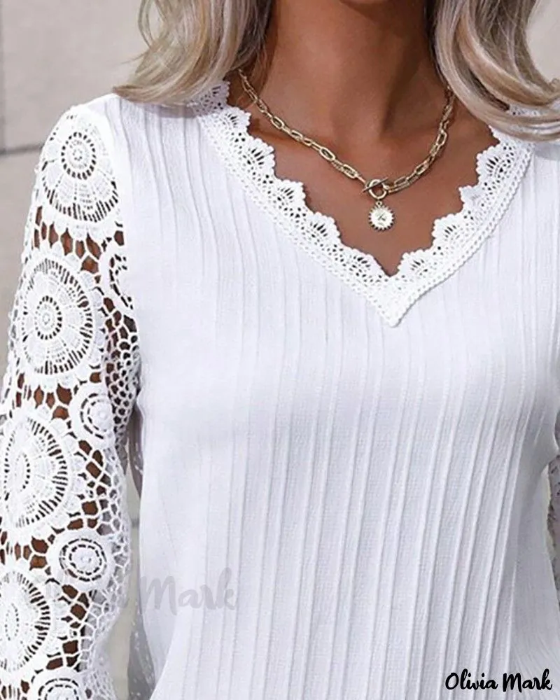 Xieyinshe - Chic V-Neck Long Sleeve Top with Elegant Lace Detailing