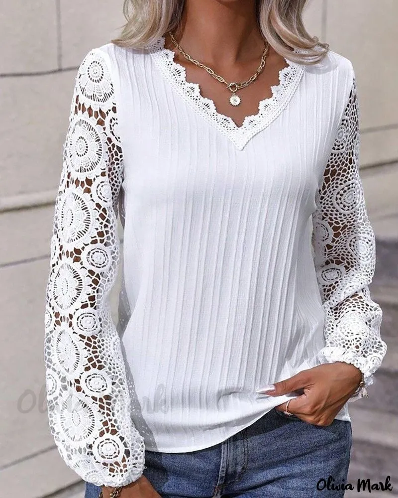 Xieyinshe - Chic V-Neck Long Sleeve Top with Elegant Lace Detailing