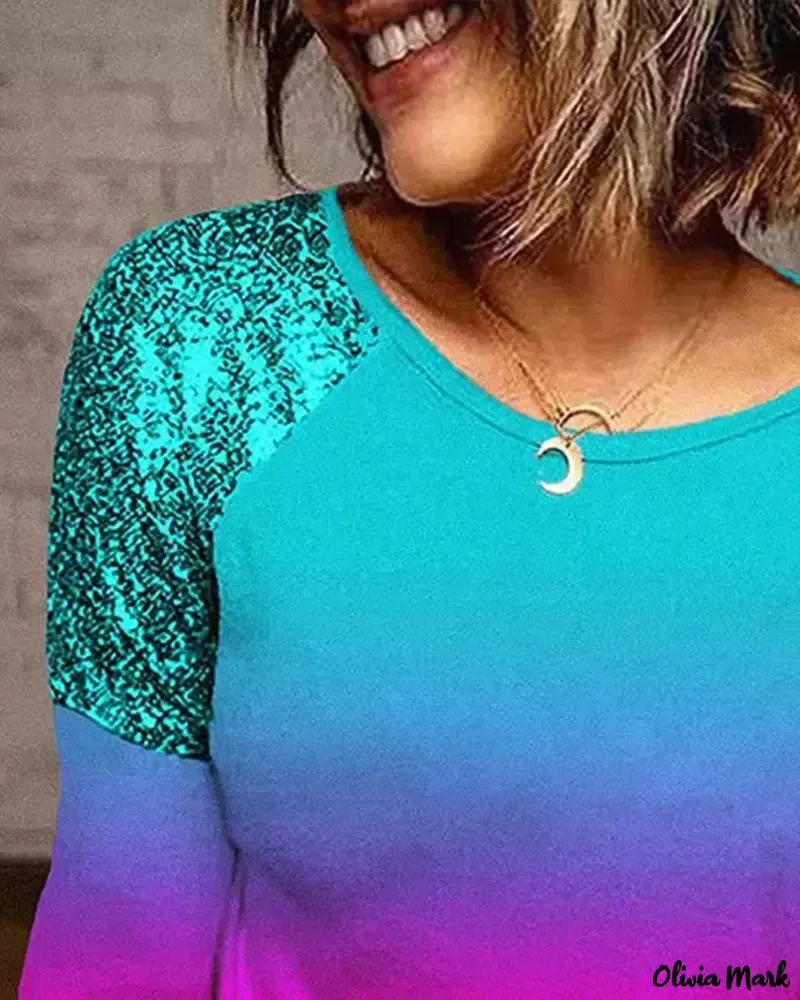 Xieyinshe - Contrast Sequin Gradient Long Sleeve Top