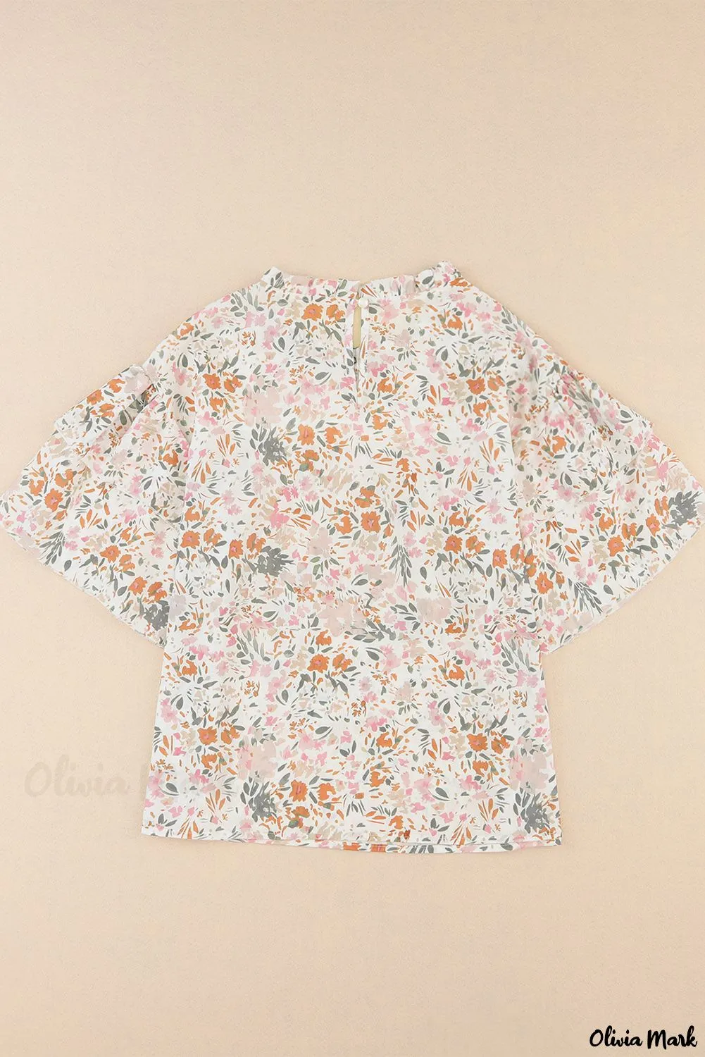 Xieyinshe - Floral Tie Neck Long Sleeve Crinkle Blouse