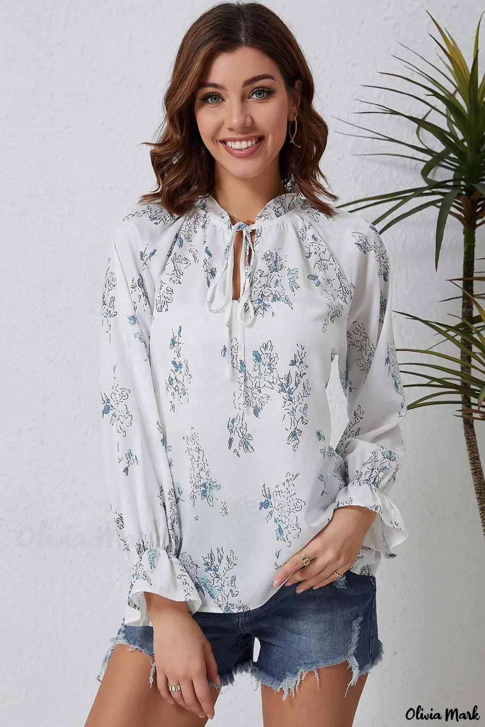 Xieyinshe - Floral Tie Neck Long Sleeve Crinkle Blouse