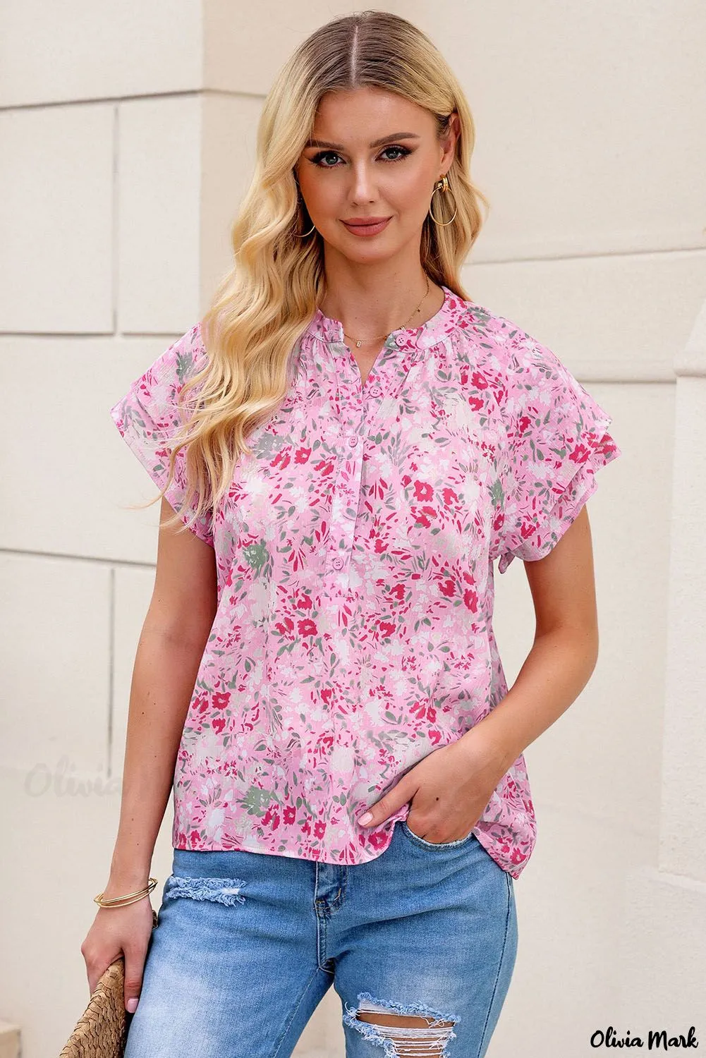 Xieyinshe - Floral Tie Neck Long Sleeve Crinkle Blouse