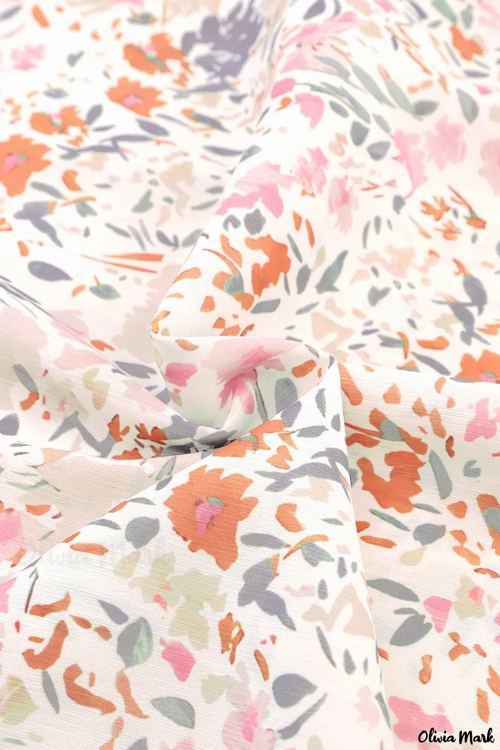 Xieyinshe - Floral Tie Neck Long Sleeve Crinkle Blouse