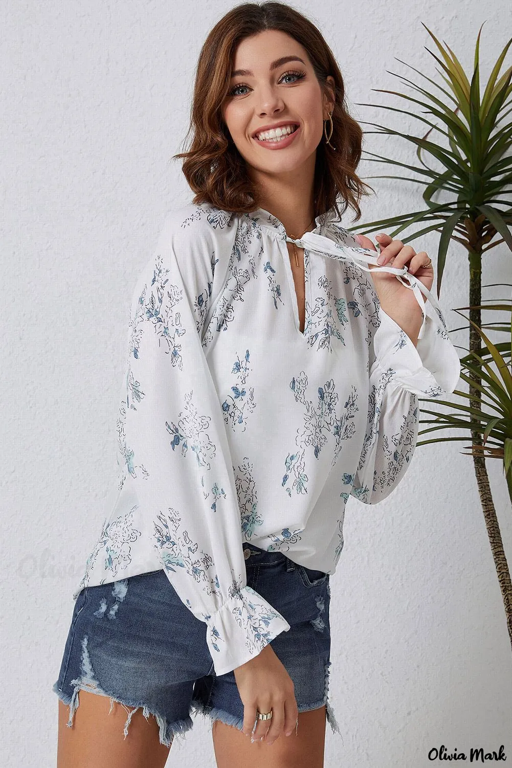 Xieyinshe - Floral Tie Neck Long Sleeve Crinkle Blouse