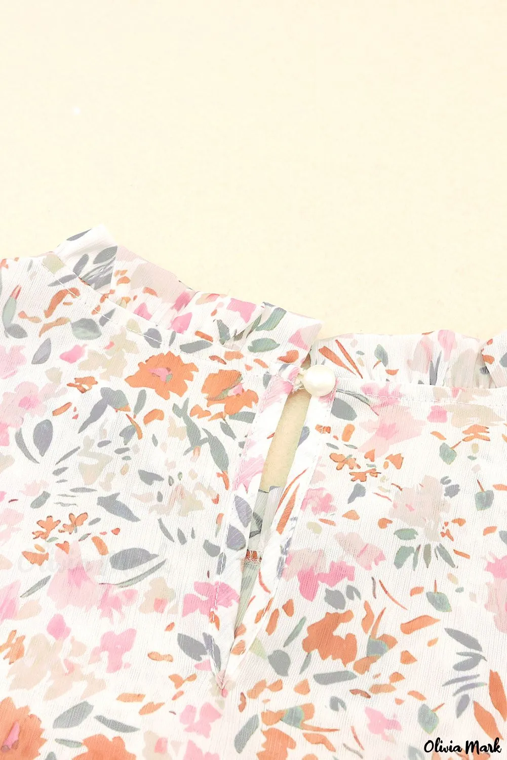 Xieyinshe - Floral Tie Neck Long Sleeve Crinkle Blouse
