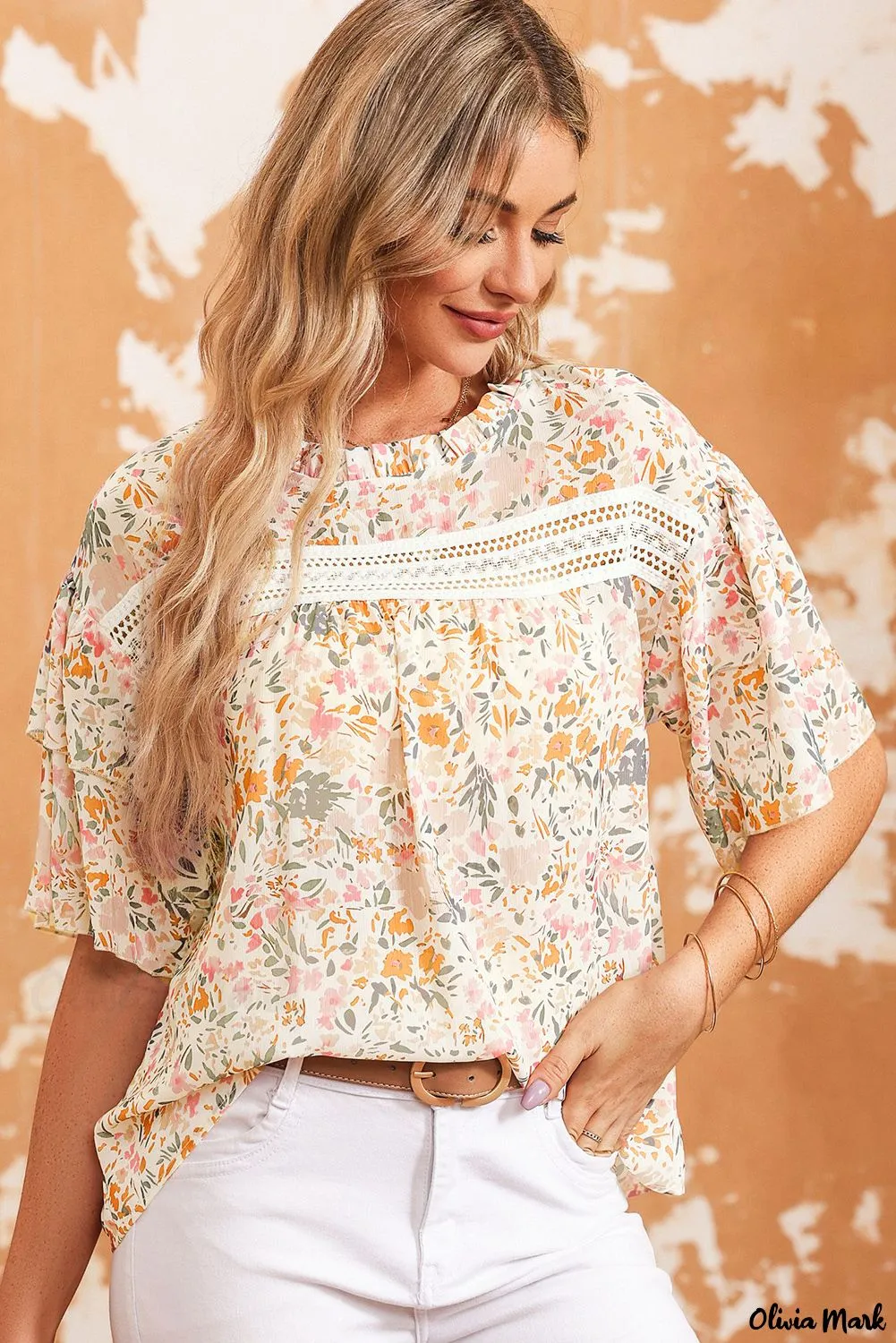 Xieyinshe - Floral Tie Neck Long Sleeve Crinkle Blouse