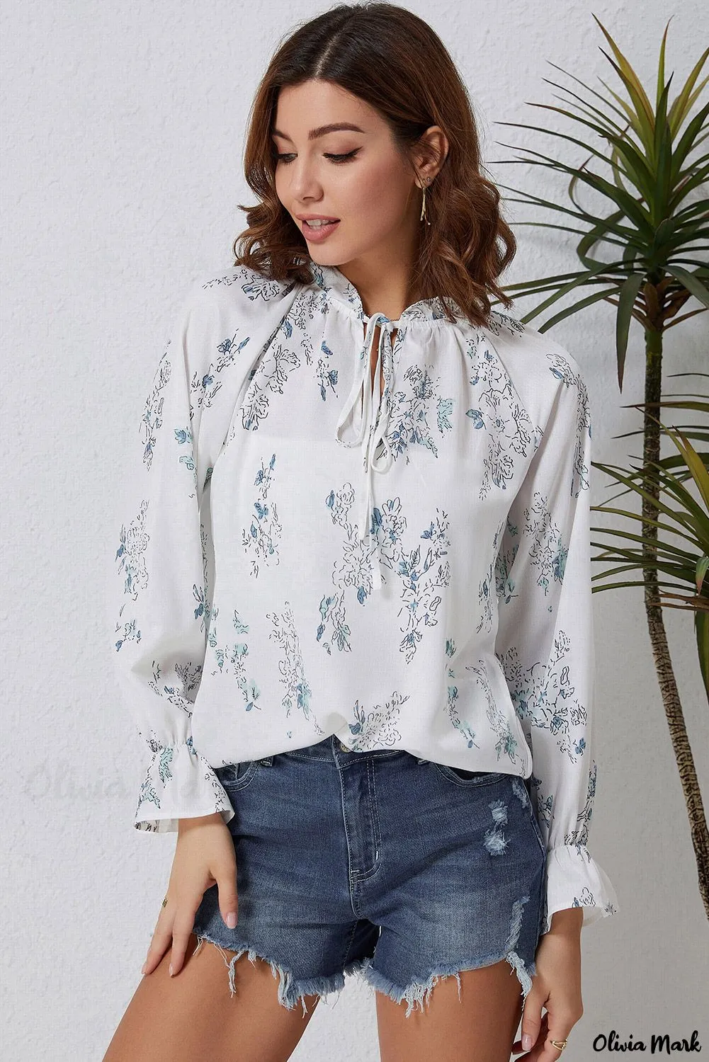 Xieyinshe - Floral Tie Neck Long Sleeve Crinkle Blouse