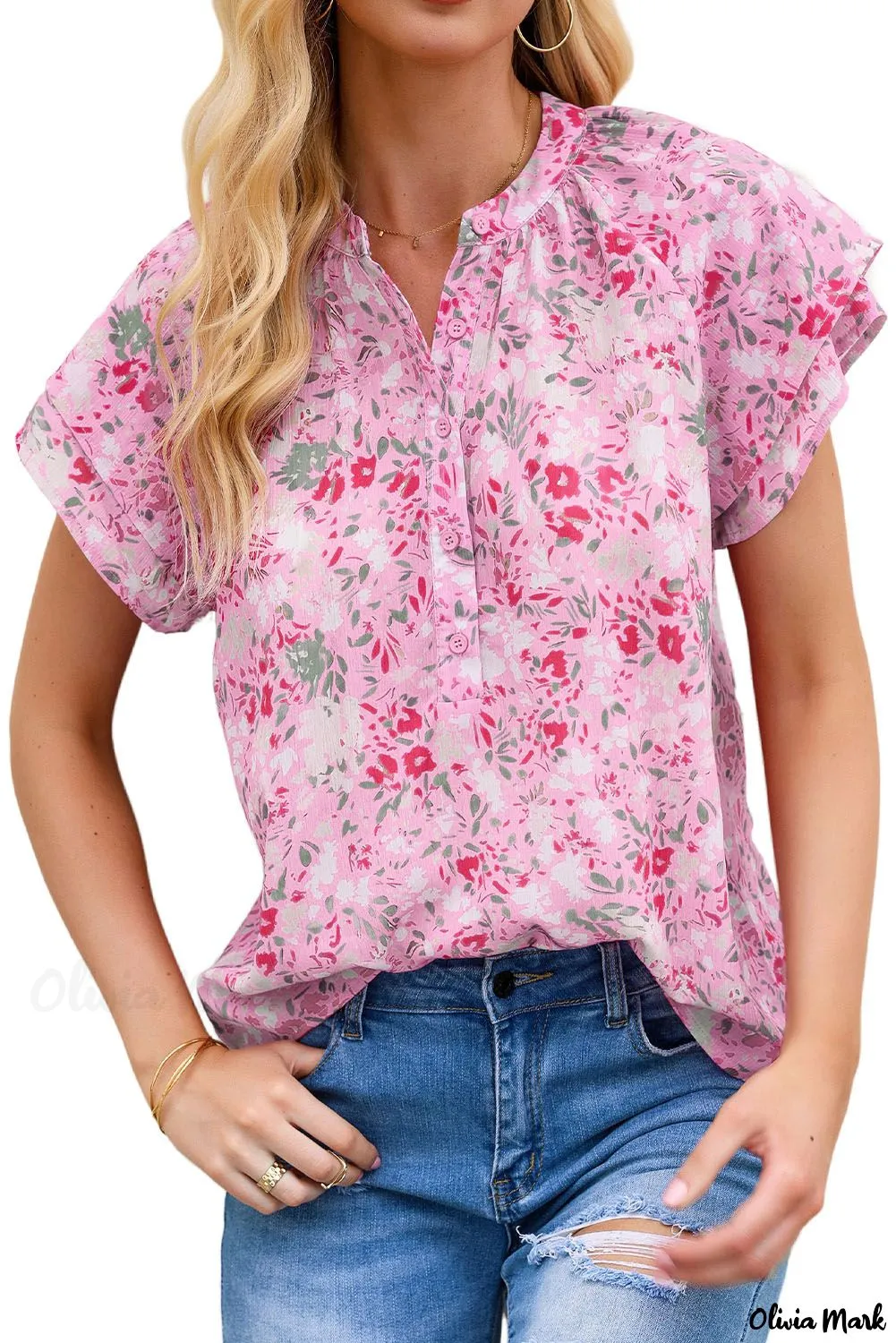 Xieyinshe - Floral Tie Neck Long Sleeve Crinkle Blouse