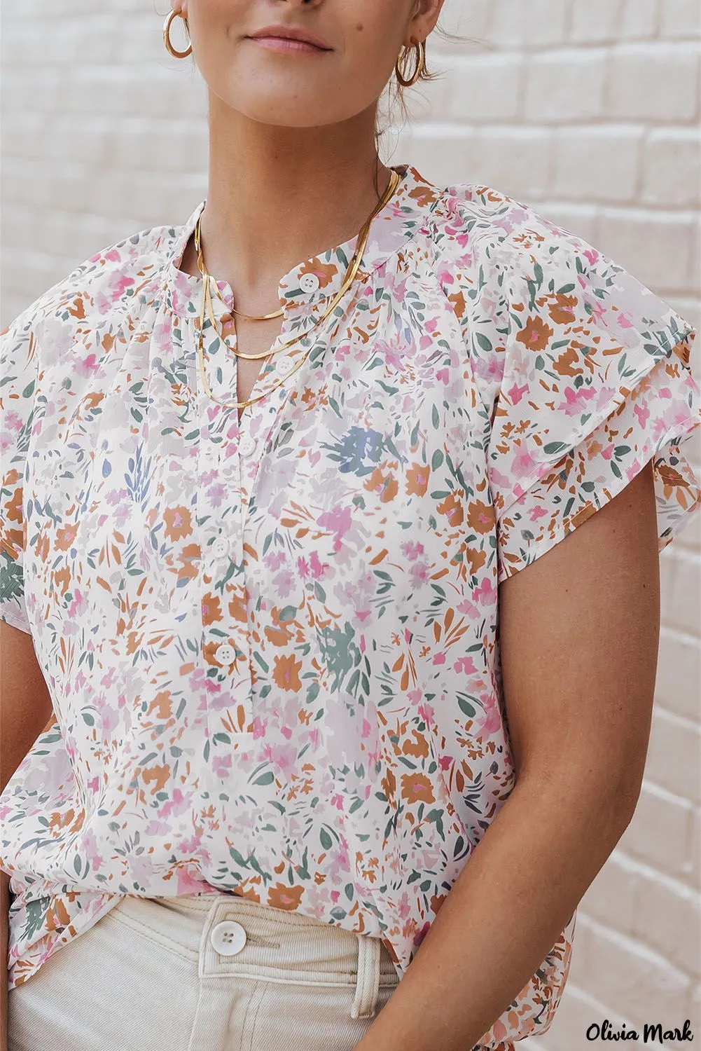 Xieyinshe - Floral Tie Neck Long Sleeve Crinkle Blouse