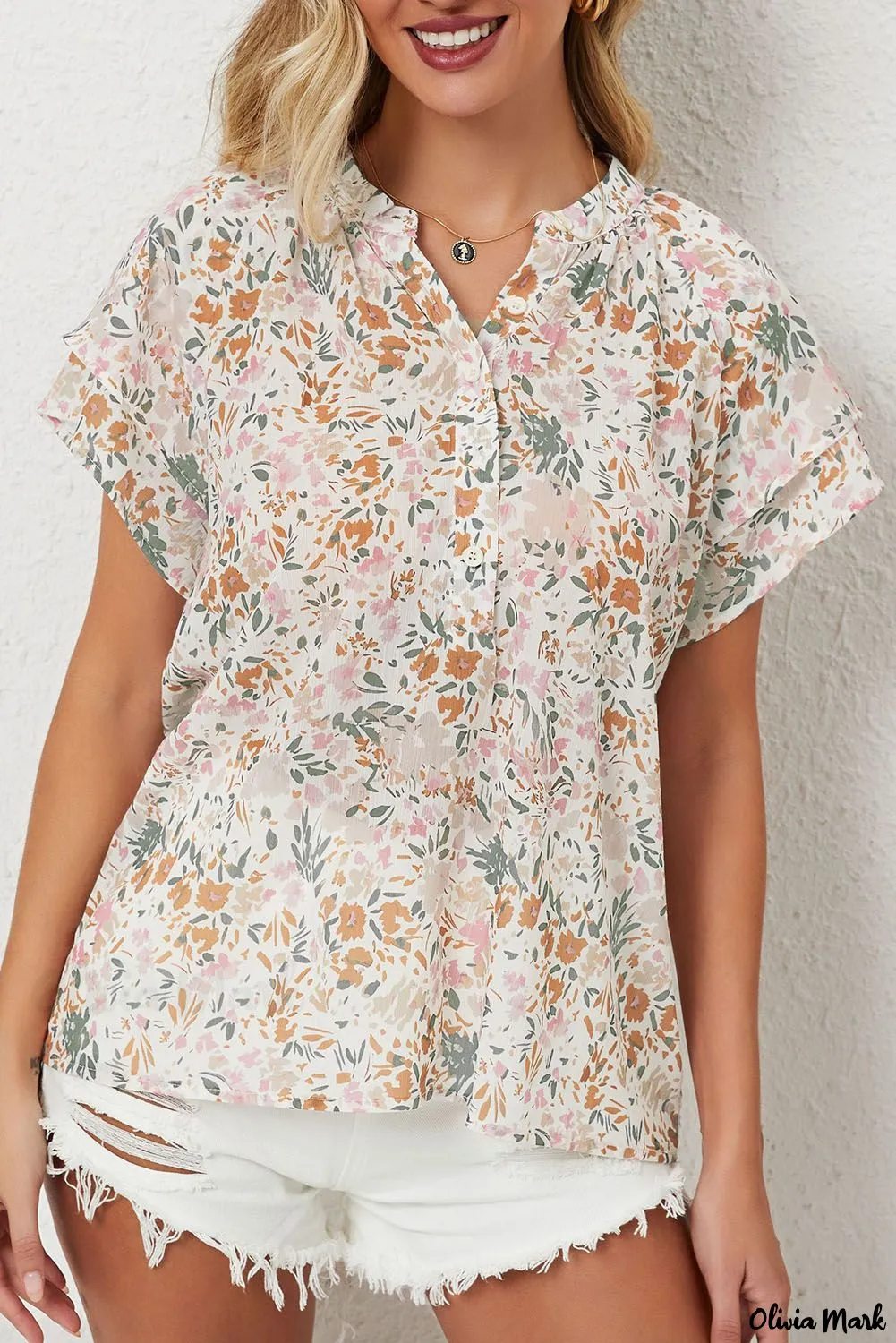 Xieyinshe - Floral Tie Neck Long Sleeve Crinkle Blouse