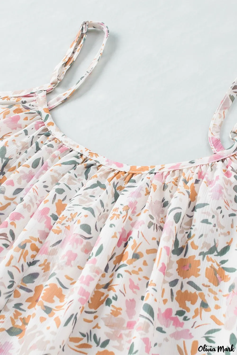 Xieyinshe - Floral Tie Neck Long Sleeve Crinkle Blouse