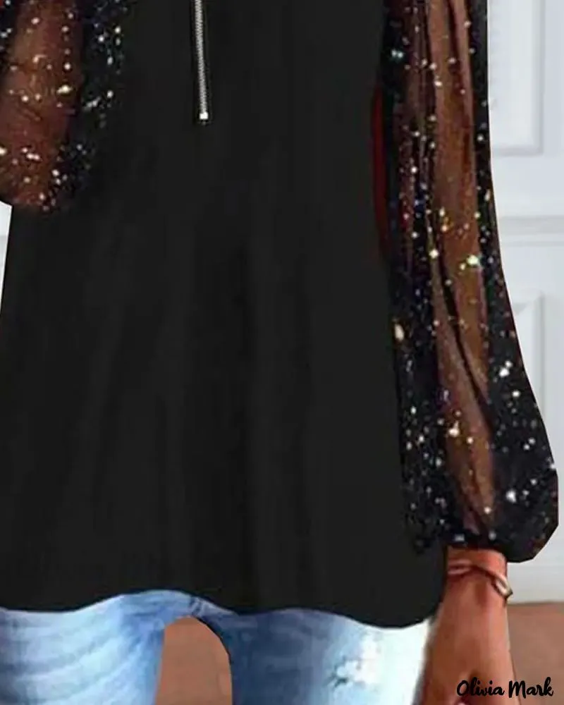 Xieyinshe - Glitter Contrast Mesh Long Sleeve Top