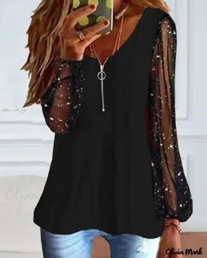 Xieyinshe - Glitter Contrast Mesh Long Sleeve Top