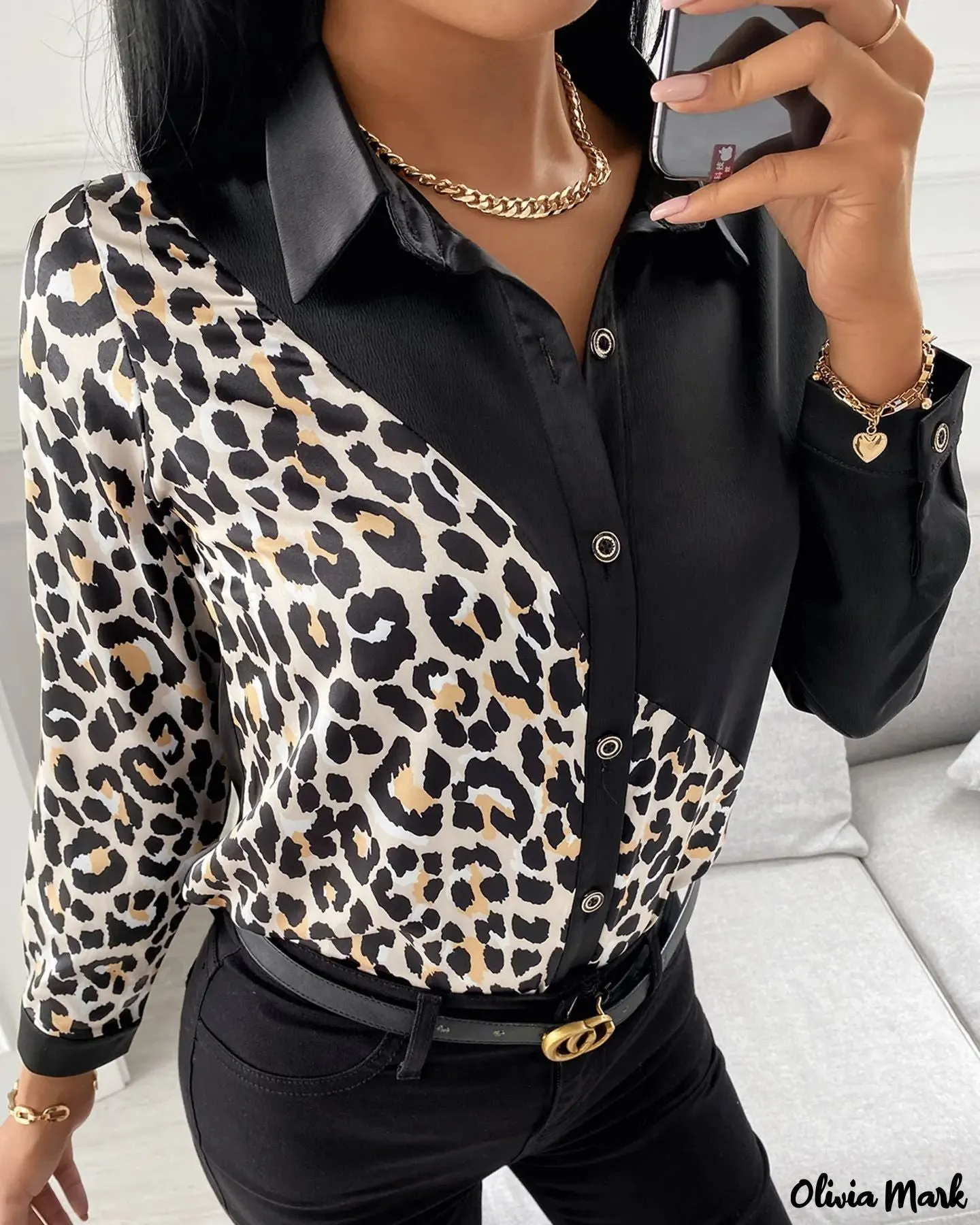 Xieyinshe - Leopard Print Long Sleeve Button Down Casual Shirt