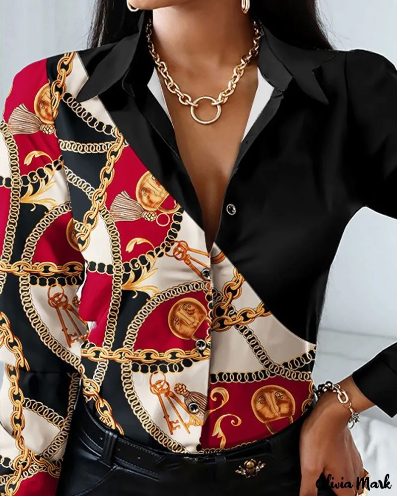 Xieyinshe - Long Sleeve Button Down Shirt with Chain Print Scarf Design