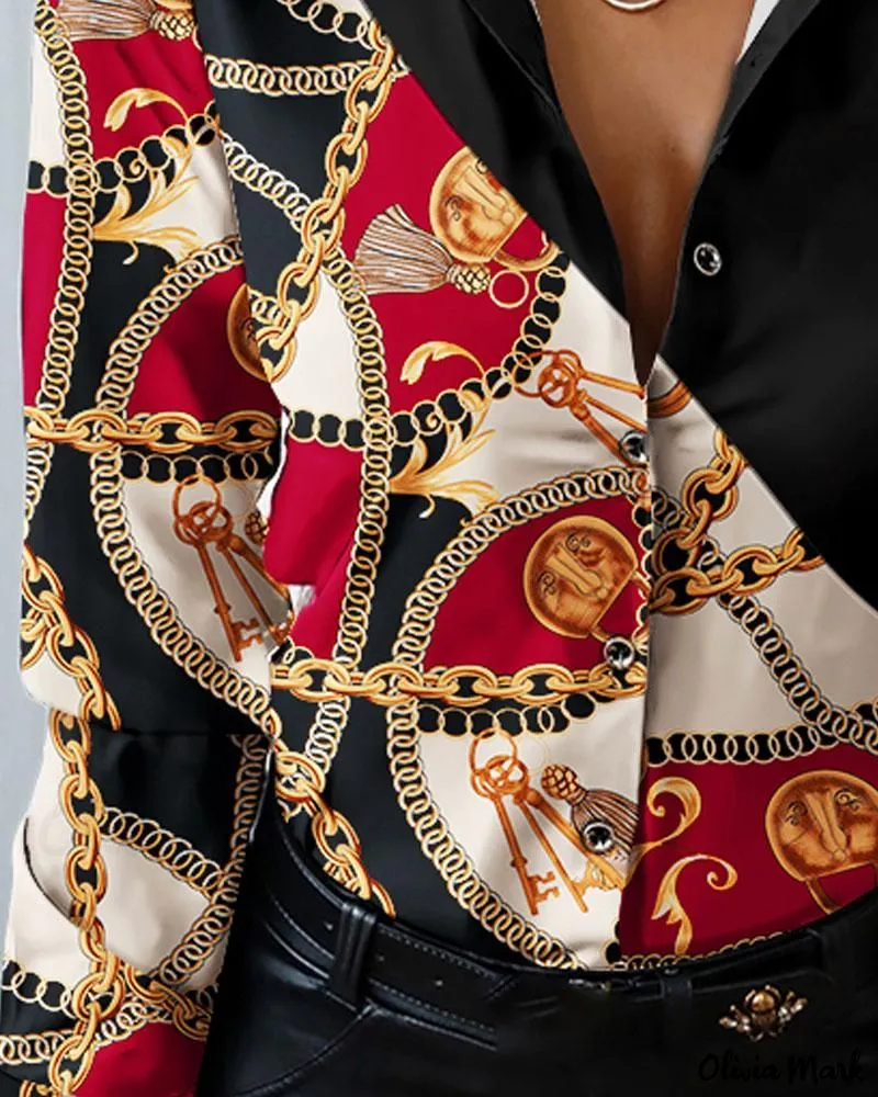 Xieyinshe - Long Sleeve Button Down Shirt with Chain Print Scarf Design