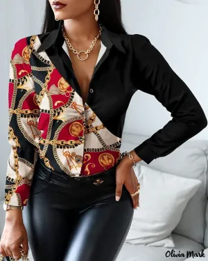 Xieyinshe - Long Sleeve Button Down Shirt with Chain Print Scarf Design
