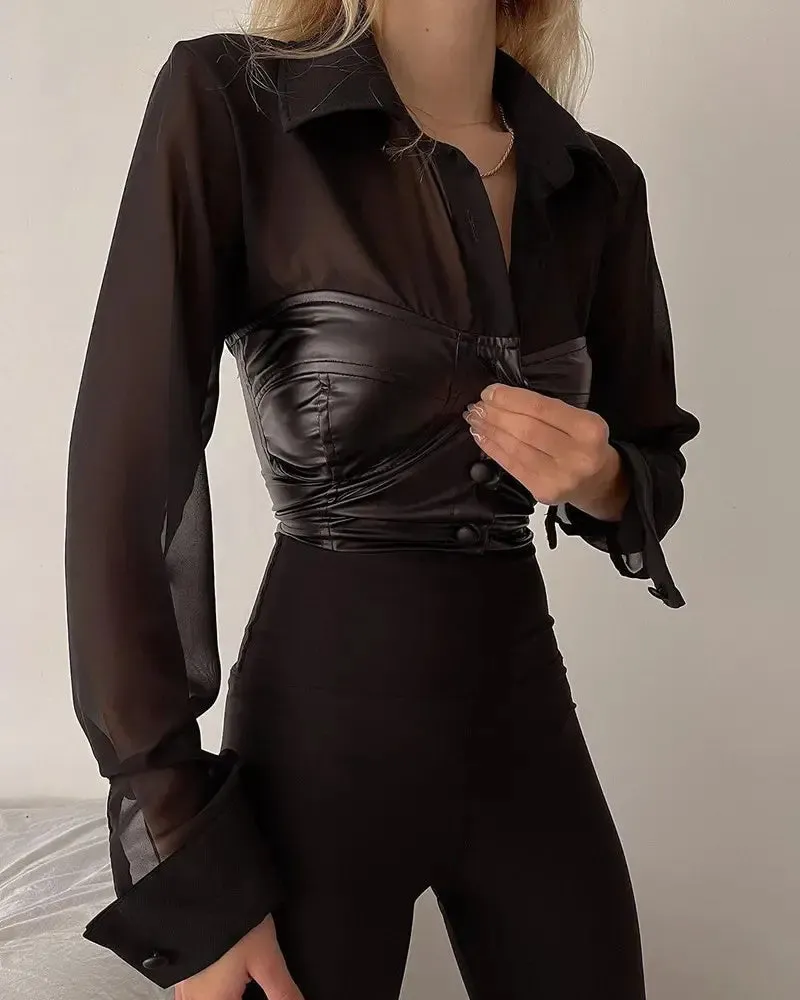 Xieyinshe - Sheer Mesh Long Sleeve Top with PU Leather Patch