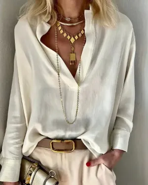 Xieyinshe - Solid Long Sleeve V-Neck Top