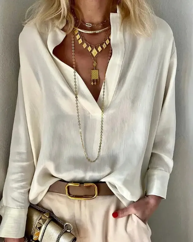 Xieyinshe - Solid Long Sleeve V-Neck Top