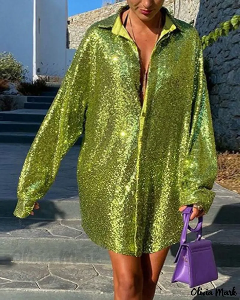 Xieyinshe - Stylish Long Sleeve Top with Allover Sequin Detail and Turn-down Collar