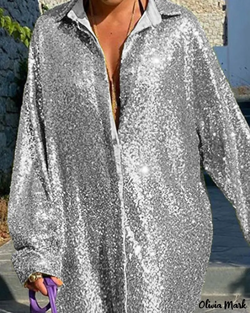 Xieyinshe - Stylish Long Sleeve Top with Allover Sequin Detail and Turn-down Collar