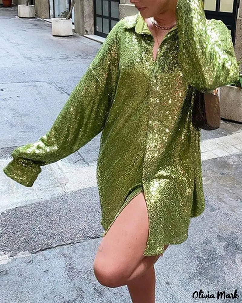 Xieyinshe - Stylish Long Sleeve Top with Allover Sequin Detail and Turn-down Collar