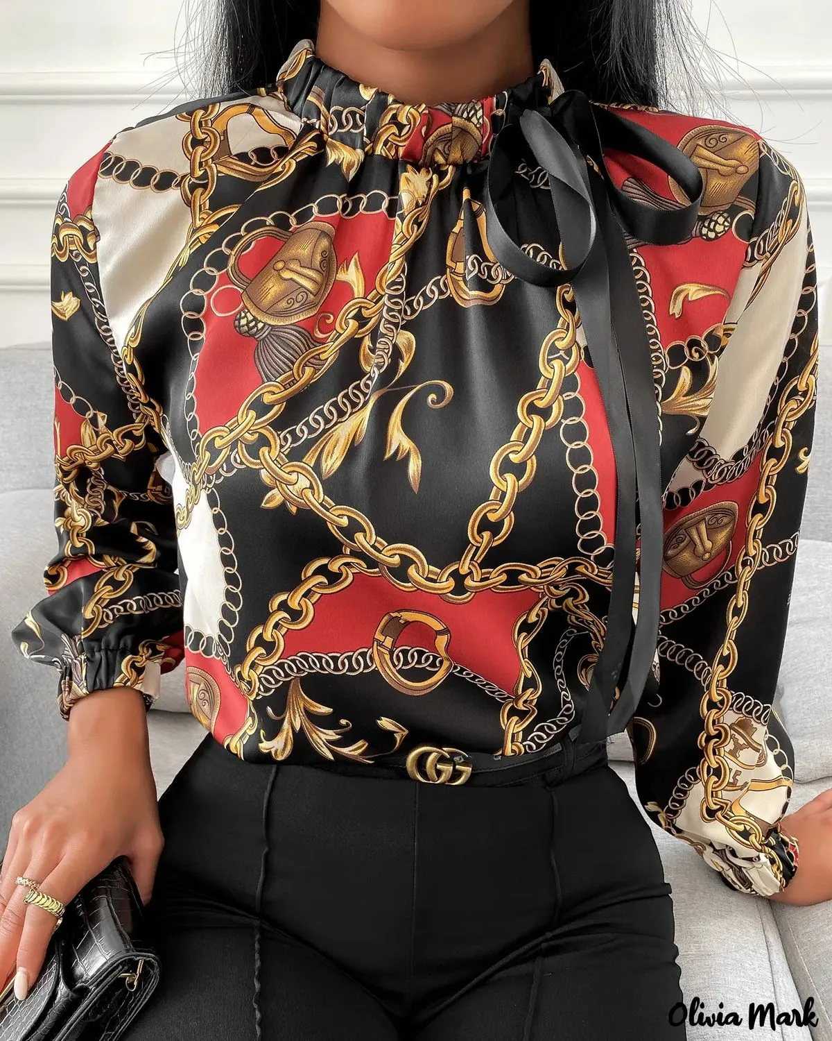Xieyinshe - Tie Neck Scarf Print Long Sleeve Blouse