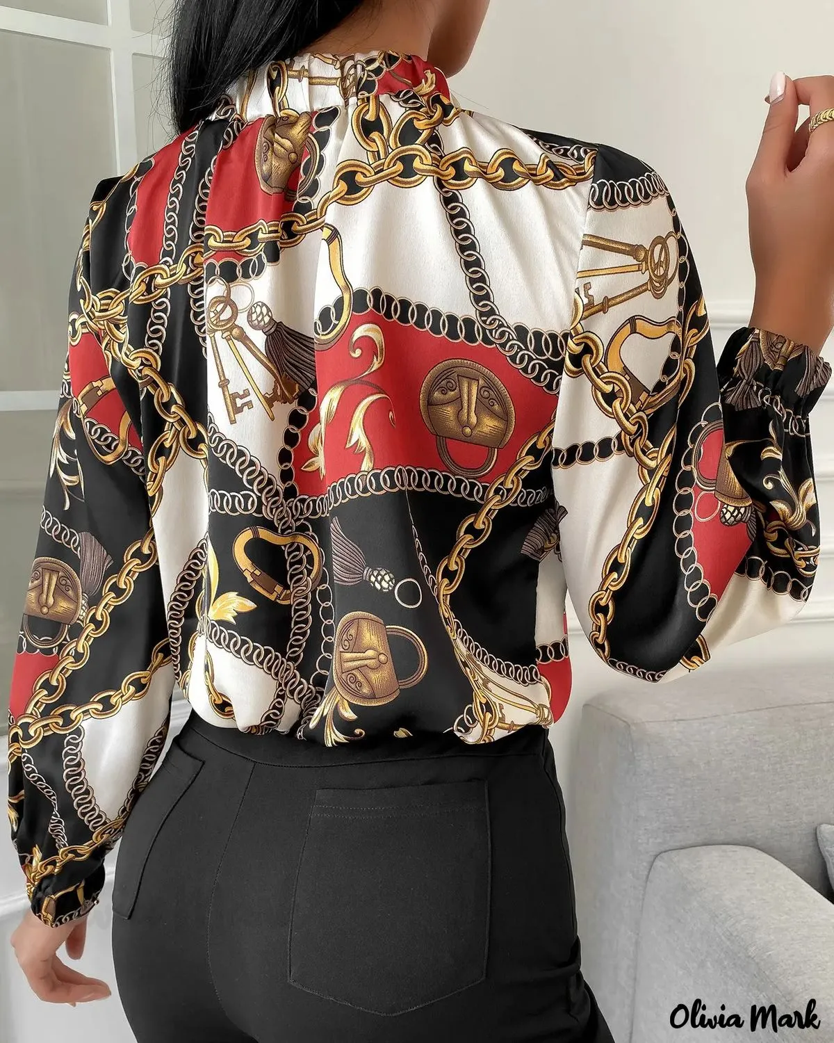 Xieyinshe - Tie Neck Scarf Print Long Sleeve Blouse
