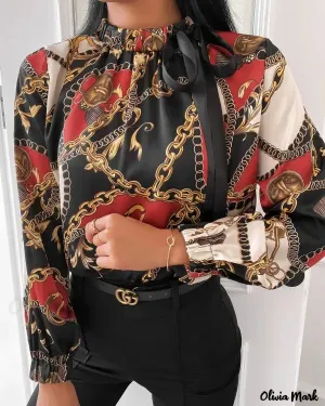 Xieyinshe - Tie Neck Scarf Print Long Sleeve Blouse