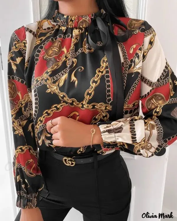 Xieyinshe - Tie Neck Scarf Print Long Sleeve Blouse