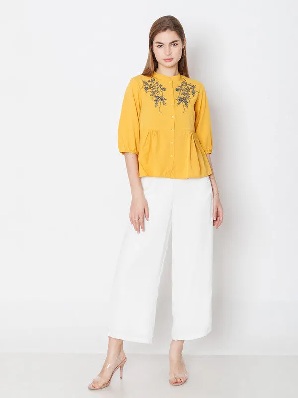 Yellow Embroidered Regular Fit Top