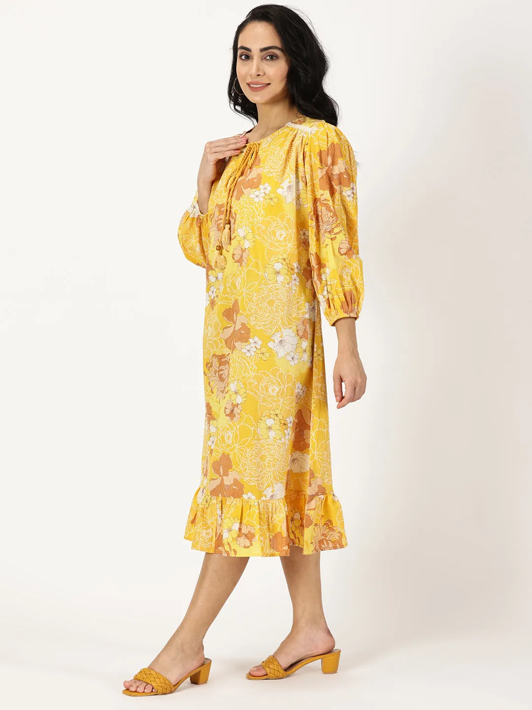 Yellow Floral Print Midi Dress