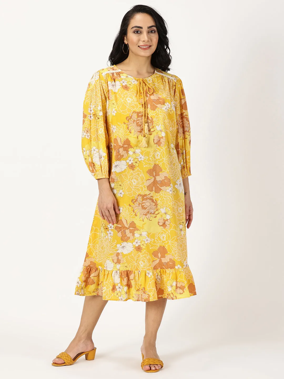 Yellow Floral Print Midi Dress