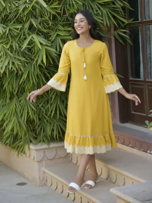 Yellow Solid Midi Dress with Lace Embroidered Details