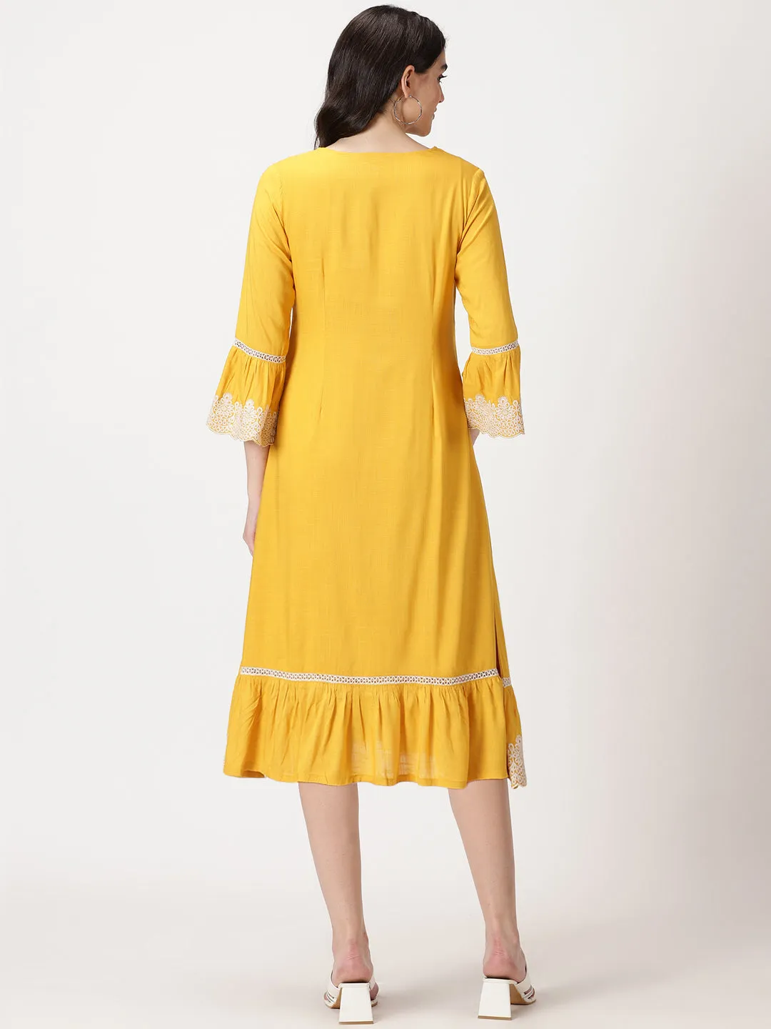 Yellow Solid Midi Dress with Lace Embroidered Details
