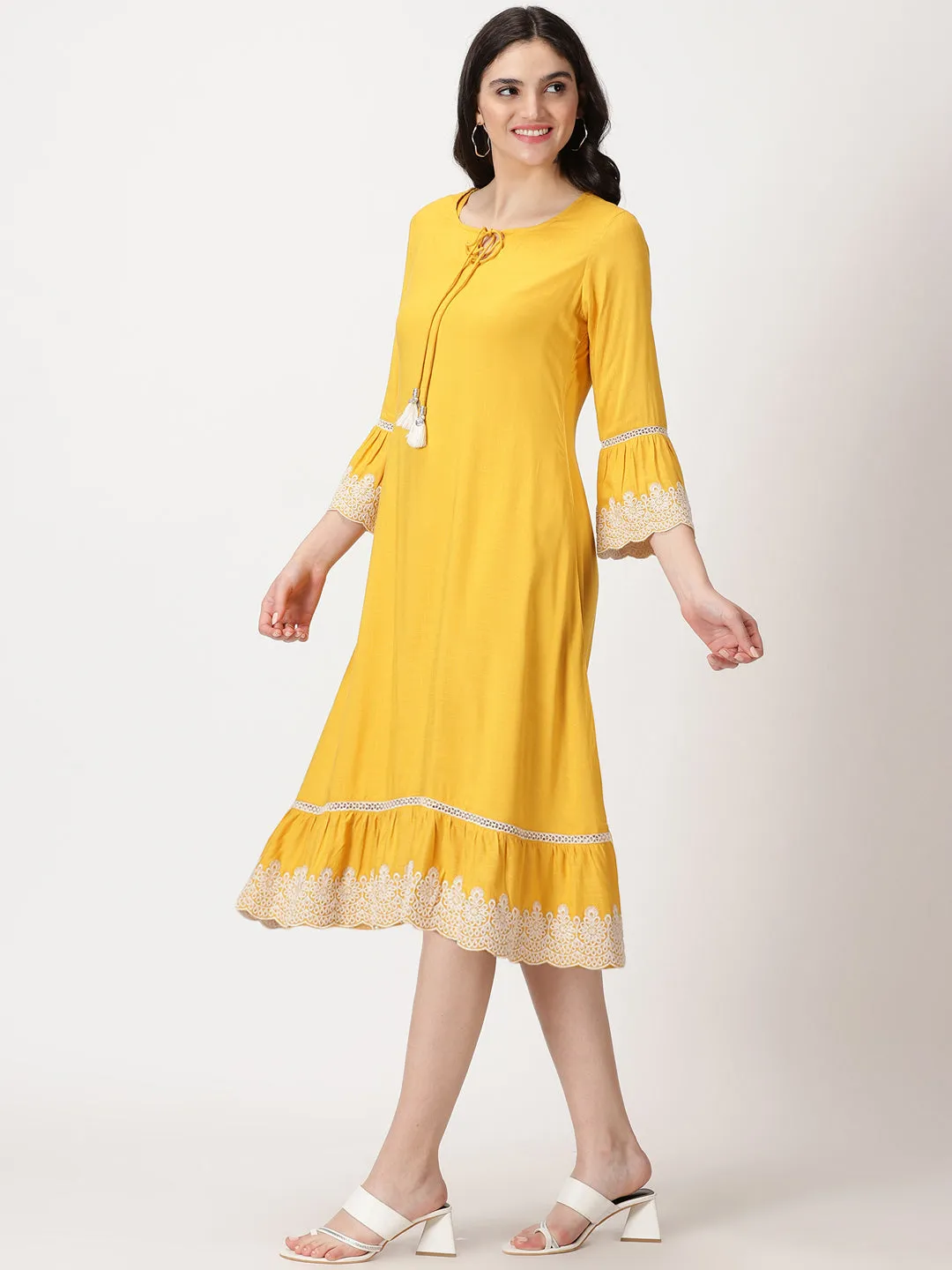 Yellow Solid Midi Dress with Lace Embroidered Details