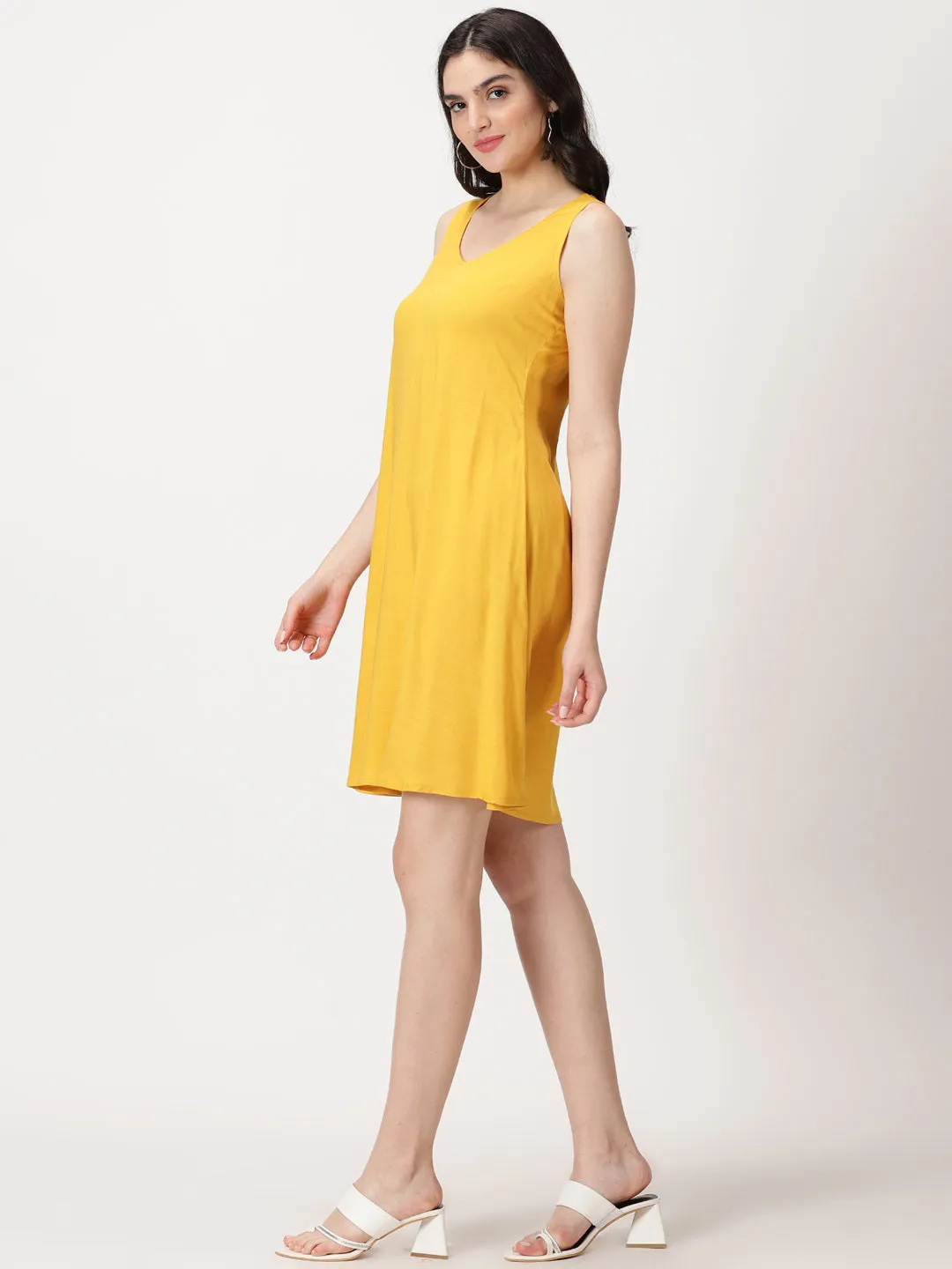 Yellow Solid Midi Dress with Lace Embroidered Details