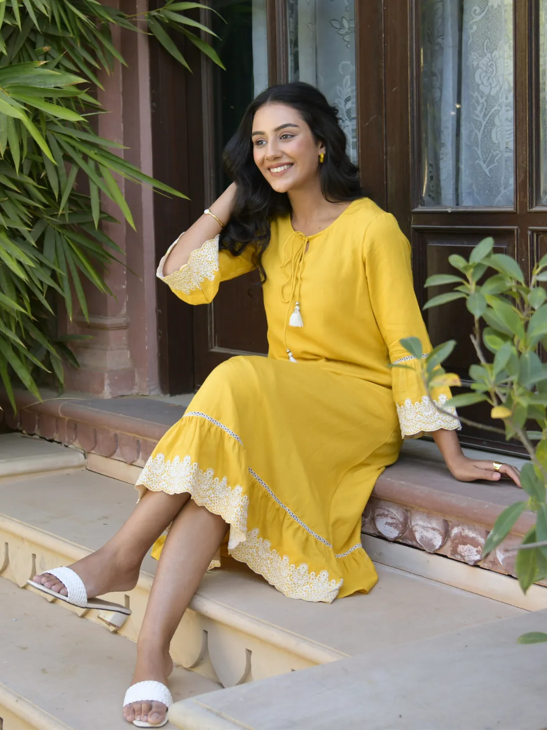 Yellow Solid Midi Dress with Lace Embroidered Details