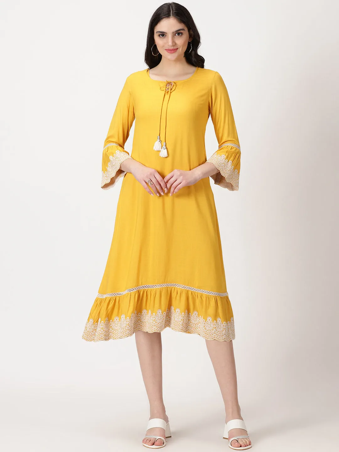 Yellow Solid Midi Dress with Lace Embroidered Details