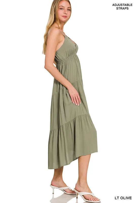 ZENANA Woven Sweetheart Neckline Tiered Cami Midi Dress