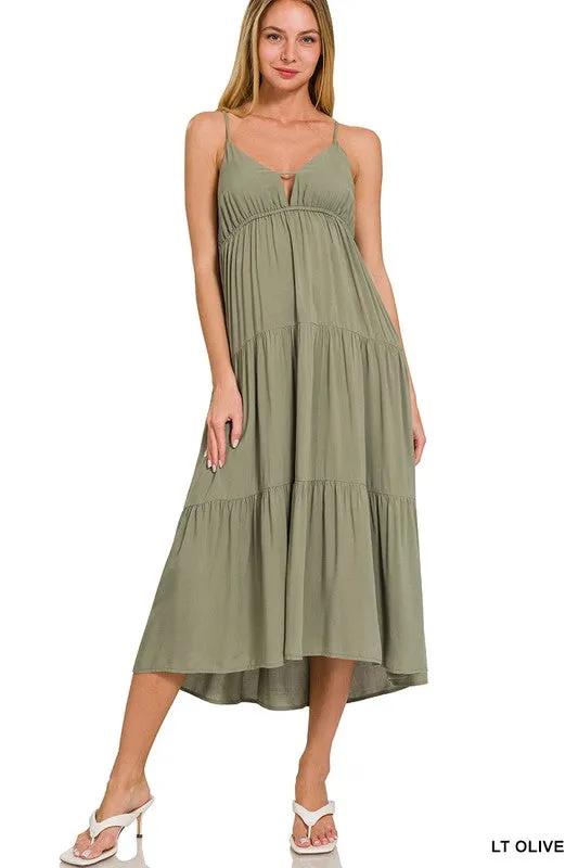 ZENANA Woven Sweetheart Neckline Tiered Cami Midi Dress